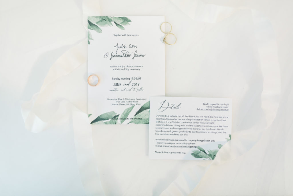 Julia & Jonnathan's Norton Shores wedding invitations.